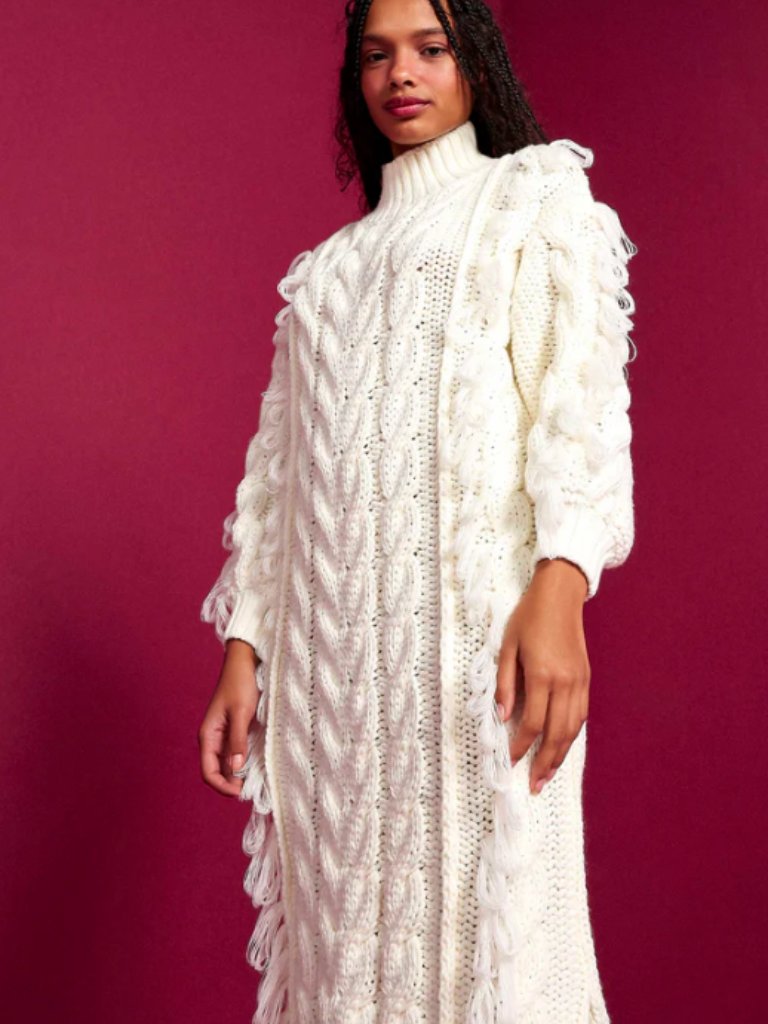 Nwt Farm Rio White Cable Knit Fringe Long Sleeve Sweaterdress Pullover Size L